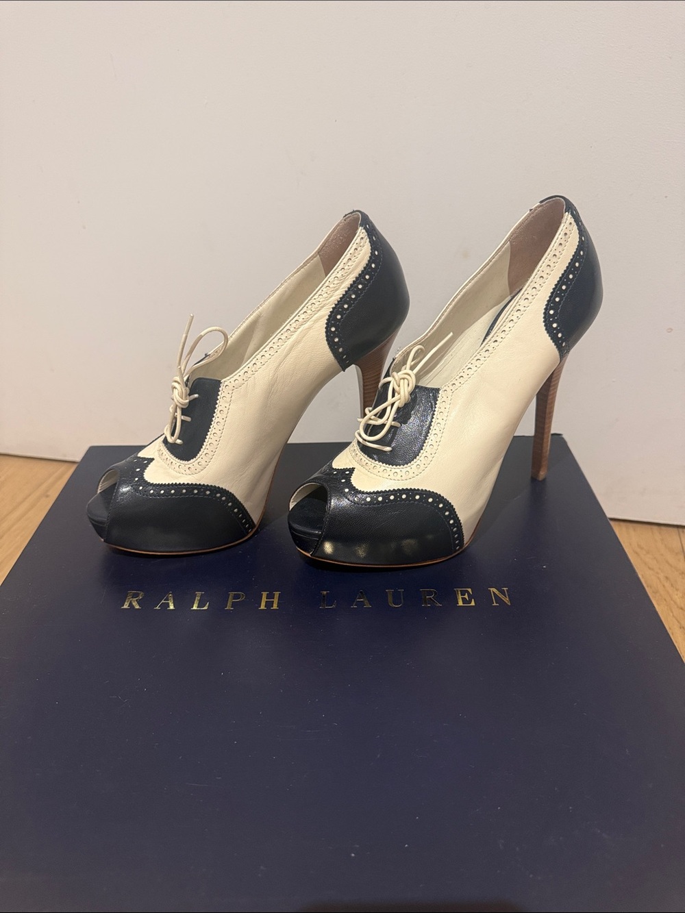 Ralph Lauren Collection Navy & Cream Peep-Toe Lace-Up Heels